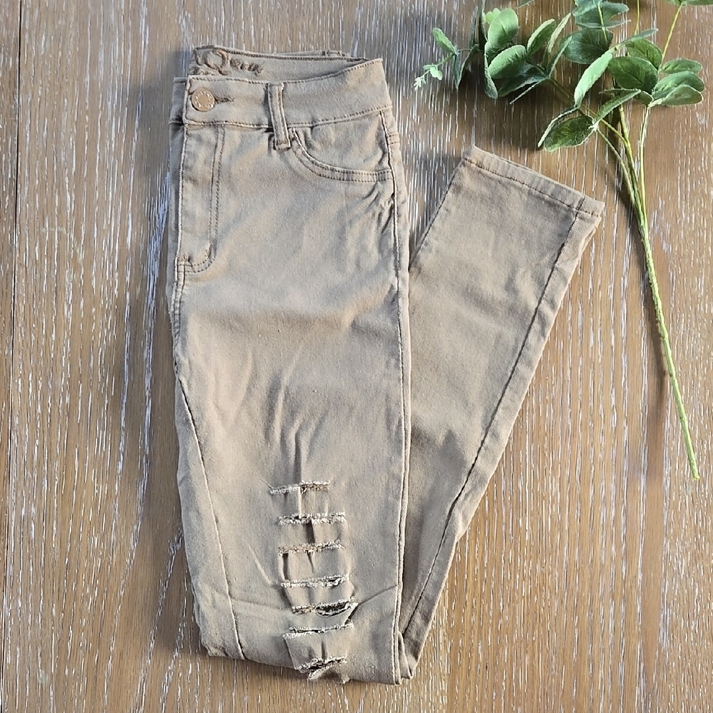 Tan Skinny Jeans with Distressed Details